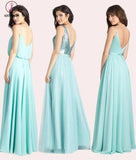 Turquoise A-line Floor-length V-neck Sleeveless Bridesmaid Dress Waterfall Party Gown KPB0083