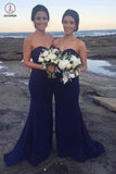 Navy Blue Mermaid Sweetheart Strapless Sweep Train Bridesmaid Dress With Pleats KPB0085