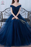 A-line Navy Blue off-the-Shoulder Long Prom Dresses,Tulle Evening Dress KPB0035