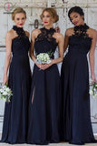 A-line Navy Blue High Neck Sleeveless Split Long Bridesmaid Dresses with Lace KPB0086