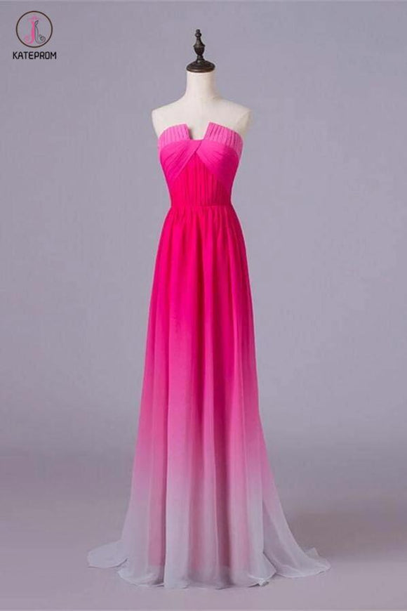 A-line Ombre Notched Cheap Gradient Hot Pink Chiffon Prom Dresses For Teens KPP0207