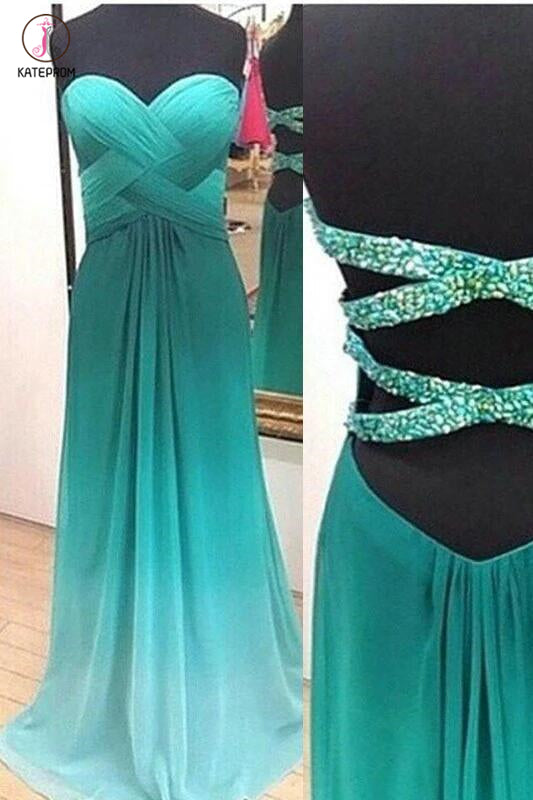 Green Ombre A-line Chiffon Sweetheart Prom Dress with Beading,Evening Gown KPP0208