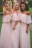 Off-the-shoulder Pastel Pink Ruffles Long Chiffon Bridesmaid Gowns,Floor-length Prom Dresses KPB0039