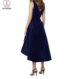 Elegant Midi Bridesmaid Dress,V-neck A-line Bridesmaid Gown,Navy Blue High Low Bridesmaid Dress KPB0042