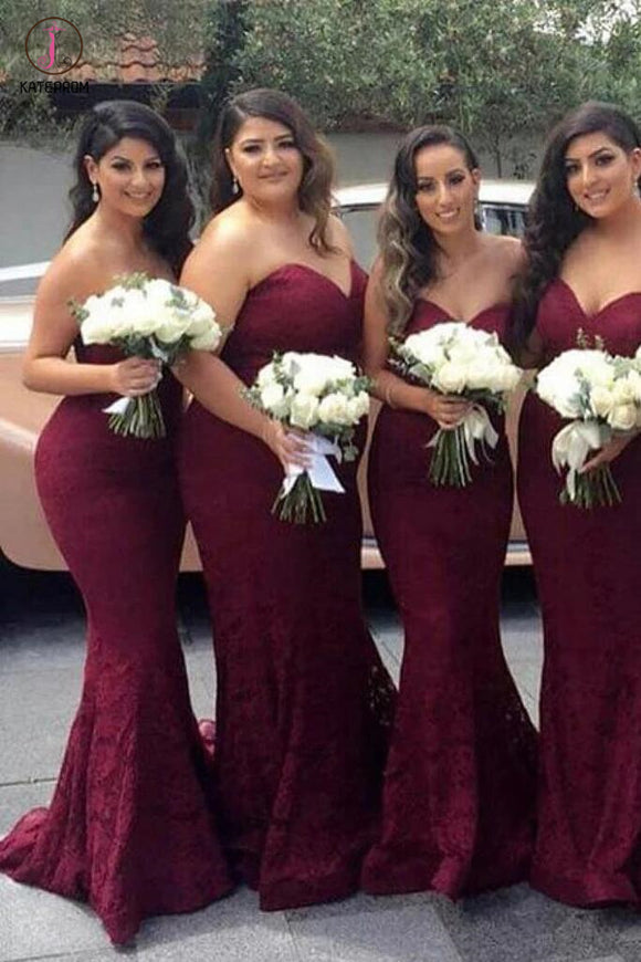 Burgundy Sweetheart Mermaid Sweep Train Lace Bridesmaid Dress,Straples kateprom Burgundy Sweetheart Mermaid Sweep Train Lace Bridesmaid Dress,Straples kateprom