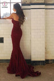 Burgundy Sweetheart Mermaid Sweep Train Lace Bridesmaid Dress,Strapless Long Lace Prom Dresses KPB0044