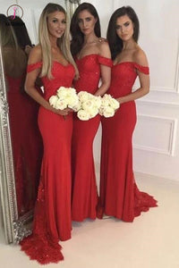 Off Shoulder Mermaid Red Bridesmaid Dress with Lace Sequins,Stylish Wedding Party Dress KPB0048
