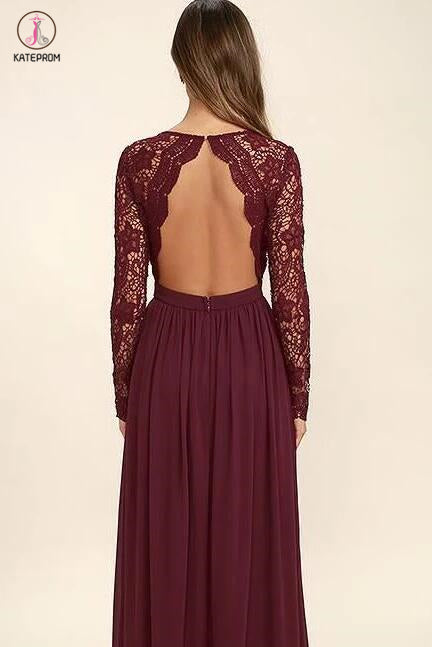 Burgundy Long Sleeve V-neck Backless Lace Top Chiffon Long Bridesmaid –  kateprom
