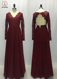 Burgundy Long Sleeve V-neck Backless Lace Top Chiffon Long Bridesmaid Dress,Prom Dress KPB0051