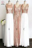 Rose Gold Long White Chiffon Bridesmaid Dresses,Sleeveless V-neck Sequined Bridesmaid Dress KPB0053