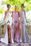 Sexy Mermaid Spaghetti Straps Sleeveless Side Slit Bridesmaid Dress,Long Prom Gown KPB0055