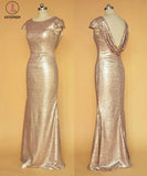 Sheath Sequined Cowl Floor-length Cap Sleeves Prom Dress,Bridesmaid Dresses KPB0056