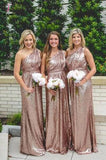 Shiny One shoulder Rose Gold Column Sequined Bridesmaid Dresses,Floor-length Prom Dress KPB0058