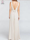 Simple Silver Sleeveless V-neck Ruched Floor-length Bridesmaid Dresses KPB0059