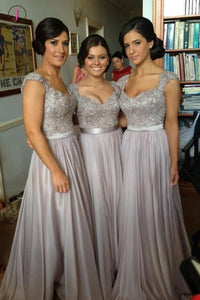 Silver Hot V-neck Chiffon Lace Appliques Bridesmaid Dresses,Prom Dress KPB0060