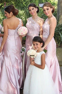 Pastel Pink Trendy One-shoulder Lace Long Bridesmaid Dress,Prom Dresses KPB0062