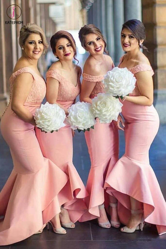 Baby Pink Mermaid Off-the-shoulder Hi-Low with Ruffles Lace Top Bridesmaid Dress KPB0063