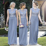 A Line Cheap Lace Top Cap Sleeve Jewel Floor Length Formal Bridesmaid Dresses KPB0064