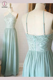 Mint Green Spaghetti Straps Chiffon Floor-length Lace Appliques Bridesmaid Dress KPB0065