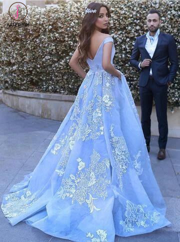 Light Blue Ball Gowns Prom Dresses,Lace Appliques Off Shoulder Big Wed – kateprom