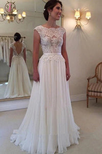 A-line Lace Appliqued Cap Sleeves Ivory Chiffon Bridal Dress,Long Beach Wedding Dresses KPW0072