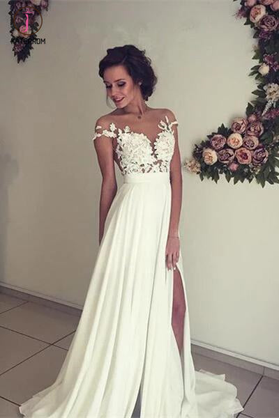 See-through Short Sleeve Lace Appliqued Long Beach Wedding Dress,Ivory Chiffon Bridal Dress KPW0073