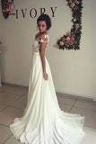 See-through Short Sleeve Lace Appliqued Long Beach Wedding Dress,Ivory Chiffon Bridal Dress KPW0073