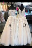Custom-made Lace Appliques Tulle Long Wedding Dress,Strapless Prom Evening Dresses KPW0075