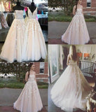 Custom-made Lace Appliques Tulle Long Wedding Dress,Strapless Prom Evening Dresses KPW0075