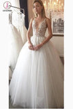 Ivory Deep V-neck Lace Appliqued Tulle Wedding Dress,Sexy Sheer Bridal Wedding Gown KPW0077
