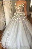 Sexy Straps Ball Gown Wedding Dress,Appliqued Deep V-neck Bridal Dress with Beads KPW0078