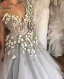 Sexy Straps Ball Gown Wedding Dress,Appliqued Deep V-neck Bridal Dress with Beads KPW0078