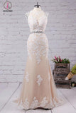 Mermaid Sweep Train Open Back Tulle Prom Dress with Appliques,Mermaid Wedding Dress KPW0079
