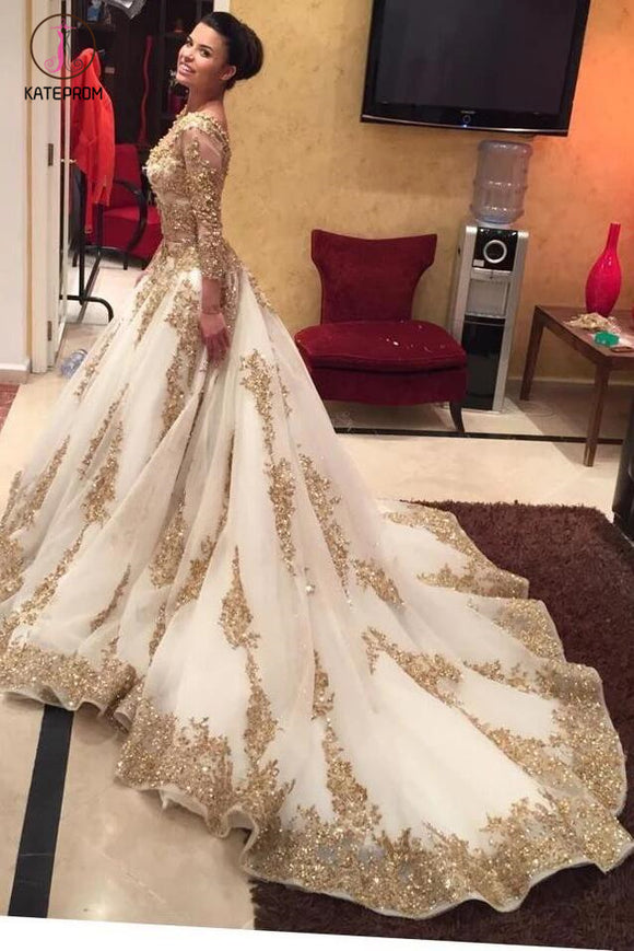 Luxurious Gold Lace Appliques 3/4 Sleeves V Neck Ball Gown Tulle Wedding Dress,Big Prom Dress KPW0080
