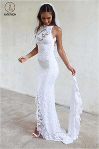 Sexy Mermaid Jewel Lace Backless Wedding Dresses With Court Train,Beach Wedding Dress KPW0081