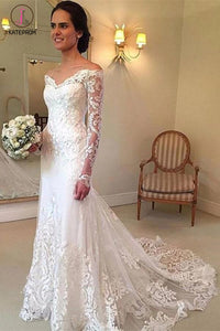 White Long Sleeves Off the Shoulder Mermaid Lace Beach Wedding Dress,Sexy Bridal Dresses KPW0082