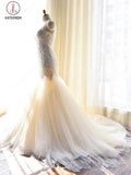 Gorgeous Ivory Sweetheart Tulle Mermaid Lace-Appliques Wedding Dress,Strapless Bridal Dress KPW0083