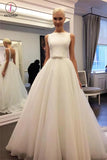 Elegant Ivory Bateau Backless Sleeveless A-line Tulle Wedding Dress with Belt KPW0084