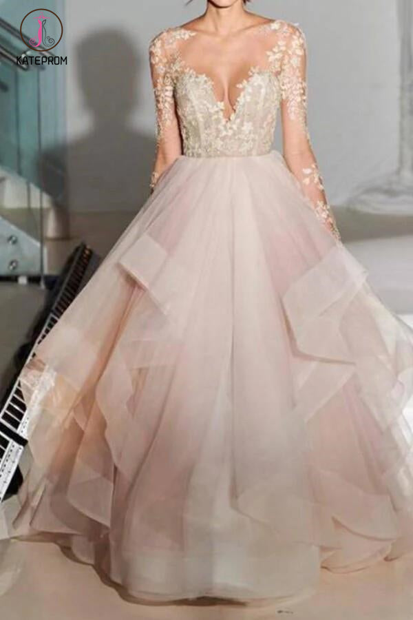 A-Line Long Sleeves Tulle Sheer Neck Wedding Dresses With Appliques,Se –  kateprom