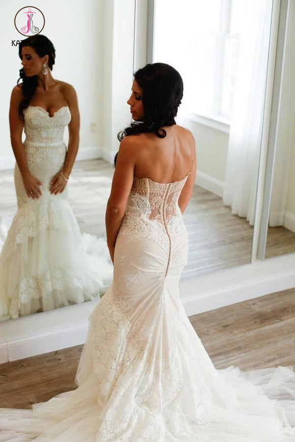 Plus Size Sweetheart Mermaid Backless Tiered Lace Tulle Wedding Dress with Sweep Train KPW0086