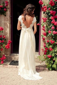 A-line V-neck Cap Sleeves Sweep Train Backless Wedding Dress With Sash,Beach Wedding Dress KPW0087