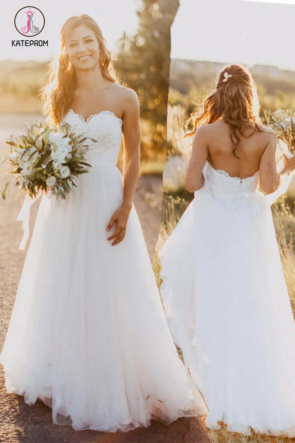 Sexy Sweetheart White Tulle Backless Beach Wedding Dress with Lace,Long Bridal Dresses KPW0088