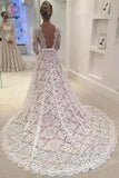 Elegant Ivory A-line Bateau Lace Long Sleeve Backless Wedding Dress With Court Train KPW0089