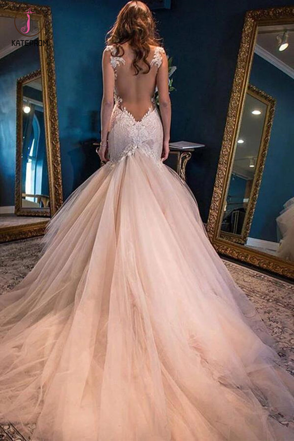 Gorgeous Mermaid Sweetheart Sleeveless Watteau Train Tulle Wedding Dresses with Lace Top KPW0090