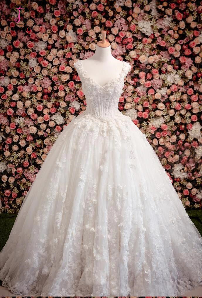 Vintage Princess Sleeveless Ball Gown Ivory Wedding Dress with Flowers –  kateprom