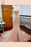 Pink Sweetheart Mermaid Long Prom Dress with Handmade Flowers,Beach Wedding Dress KPW0092