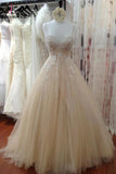 A Line Tulle Long Prom Dress with Straps,Sweetheart Lace Appliques Wedding Dress KPW0093