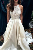 Ivory A-line Halter Lace Satin Prom Dress with Sweep Train,Sleeveless Beach Wedding Dresses KPW0094