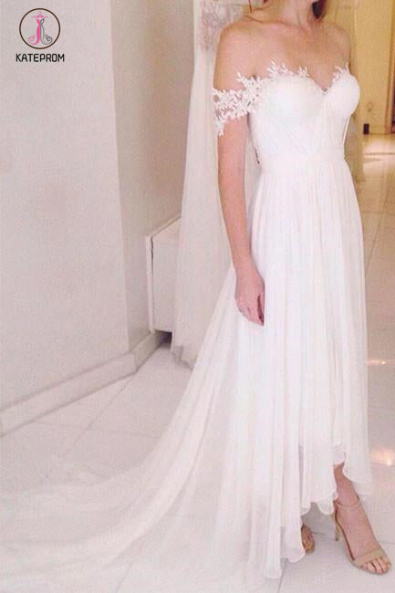 A-line Off-the-shoulder Chiffon Beach Wedding Dress with Sweep Train,Bridal Dresses KPW0095