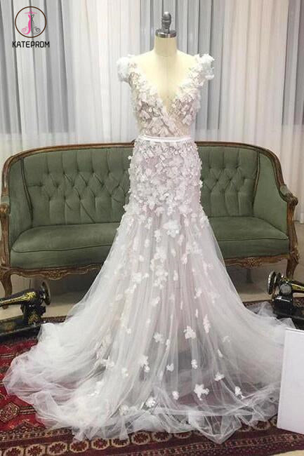 Unique Mermaid V-neck Tulle Wedding Dress with Hand-made Flowers,Tulle Prom dress KPW0096